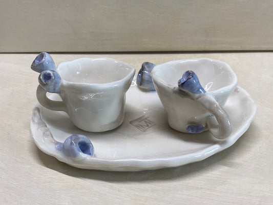 Set 2 Tazzine da Caffè + Piattino Bianco Fiori Blu