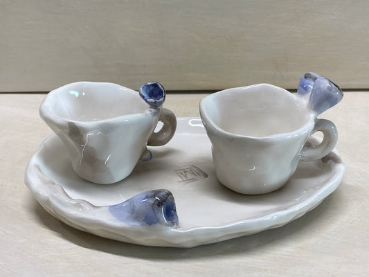 Set 2 Tazzine da Caffè + Piattino Bianco Fiori Blu